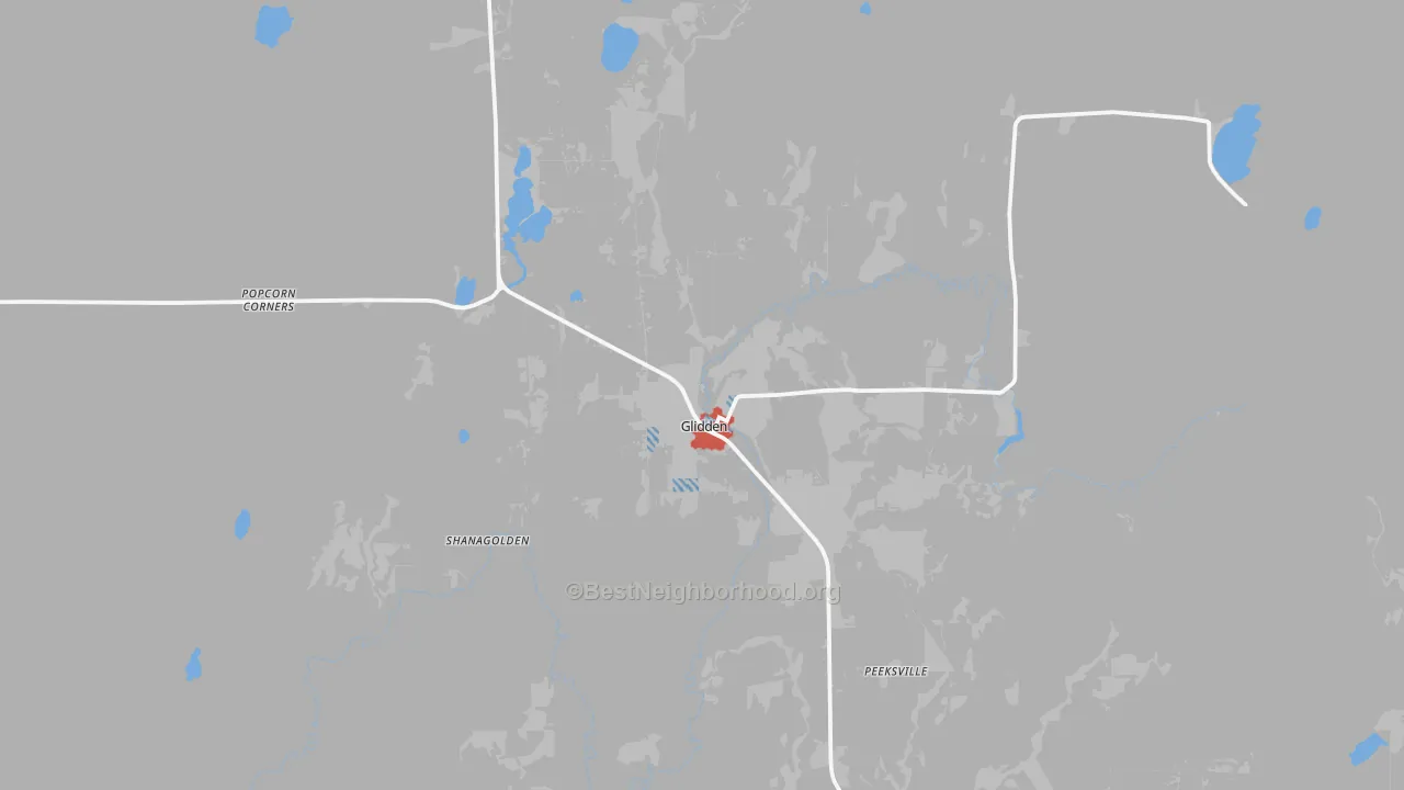 Walk Grade map of Glidden, WI, walkable areas in green and car-dependent areas in red