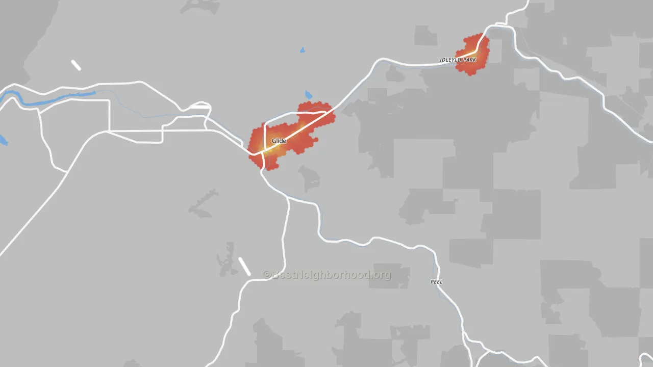 Walk Grade map of Glide, OR, walkable areas in green and car-dependent areas in red