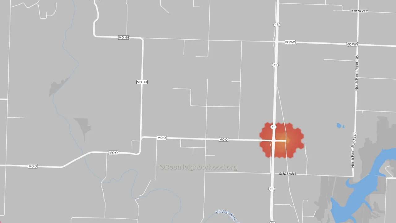 Walk Grade map of Glidewell, MO, walkable areas in green and car-dependent areas in red
