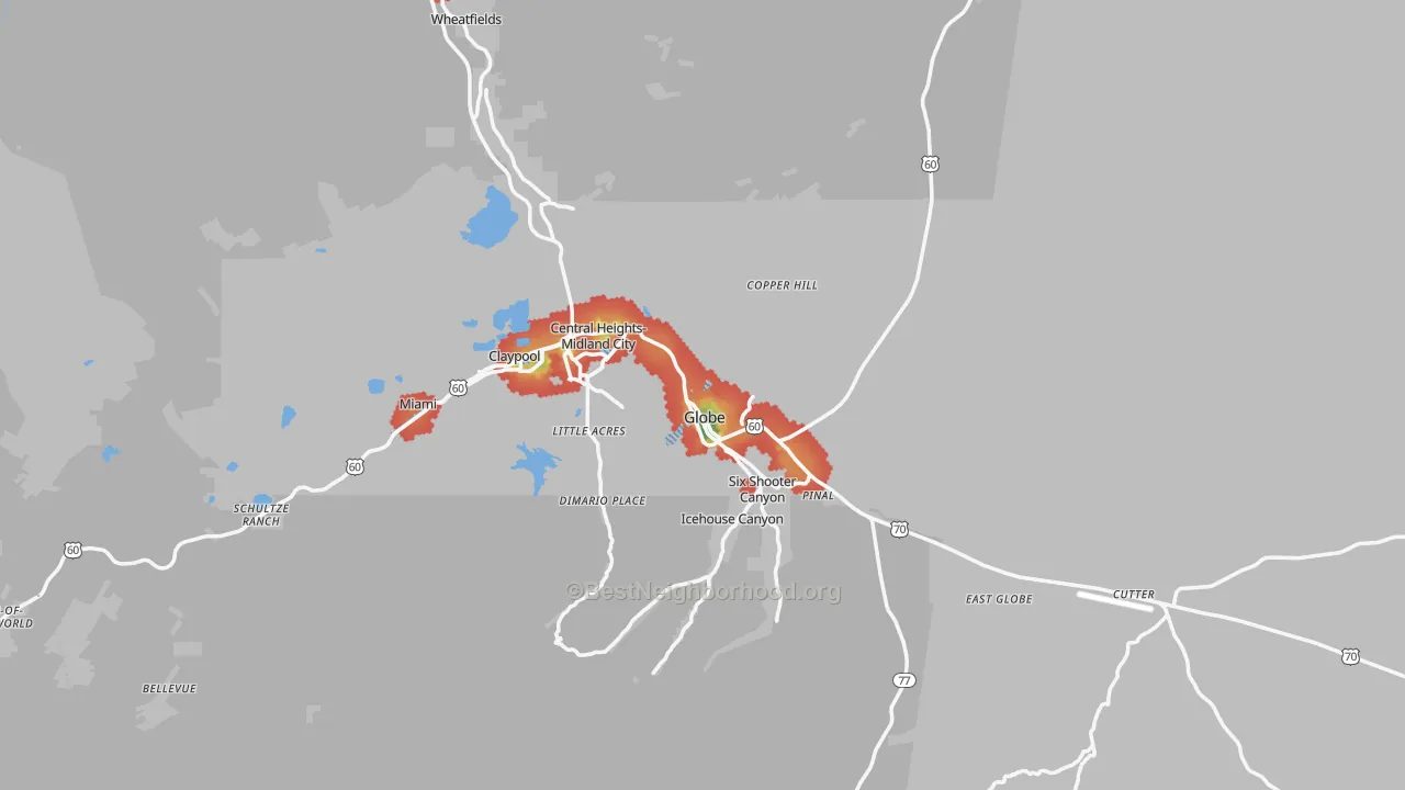 Walk Grade map of Globe, AZ, walkable areas in green and car-dependent areas in red