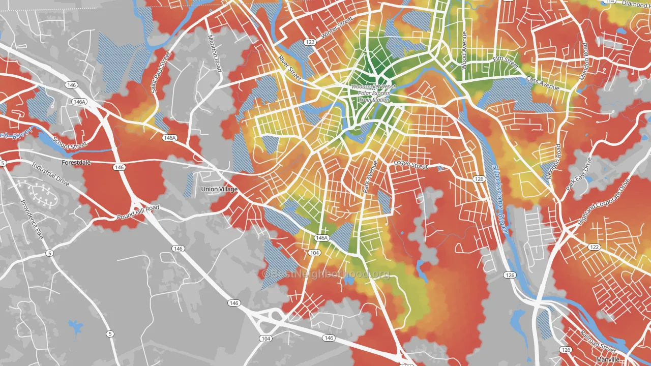 Walk Grade map of Globe, Woonsocket, RI, walkable areas in green and car-dependent areas in red