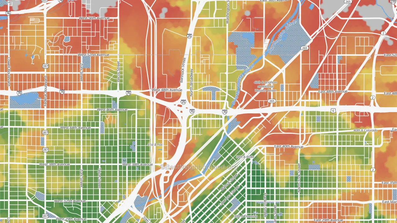 Walk Grade map of Globeville, Denver, CO, walkable areas in green and car-dependent areas in red