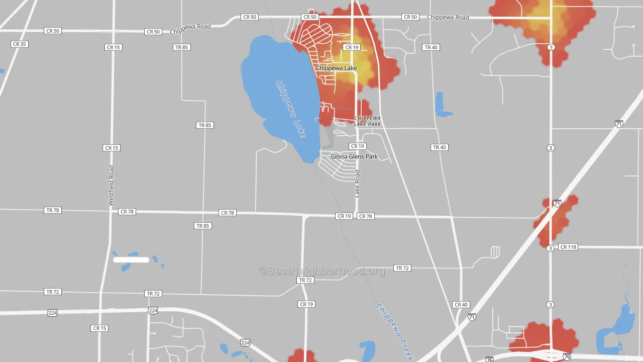 Walk Grade map of Gloria Glens Park, OH, walkable areas in green and car-dependent areas in red