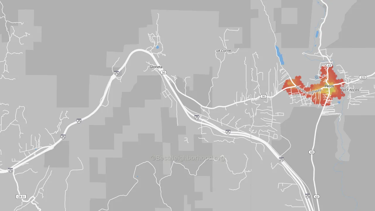 Walk Grade map of Glorieta, NM, walkable areas in green and car-dependent areas in red