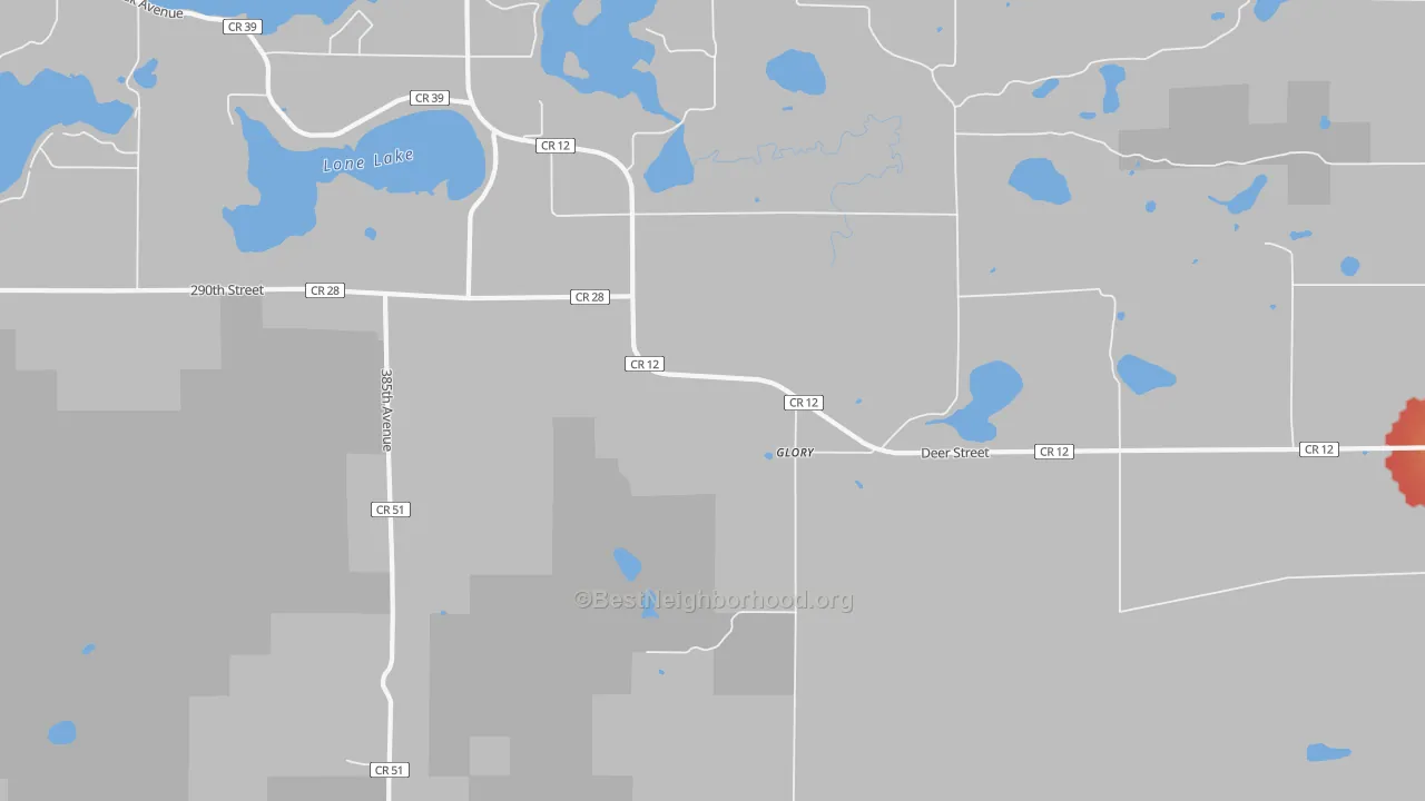 Walk Grade map of Glory, MN, walkable areas in green and car-dependent areas in red