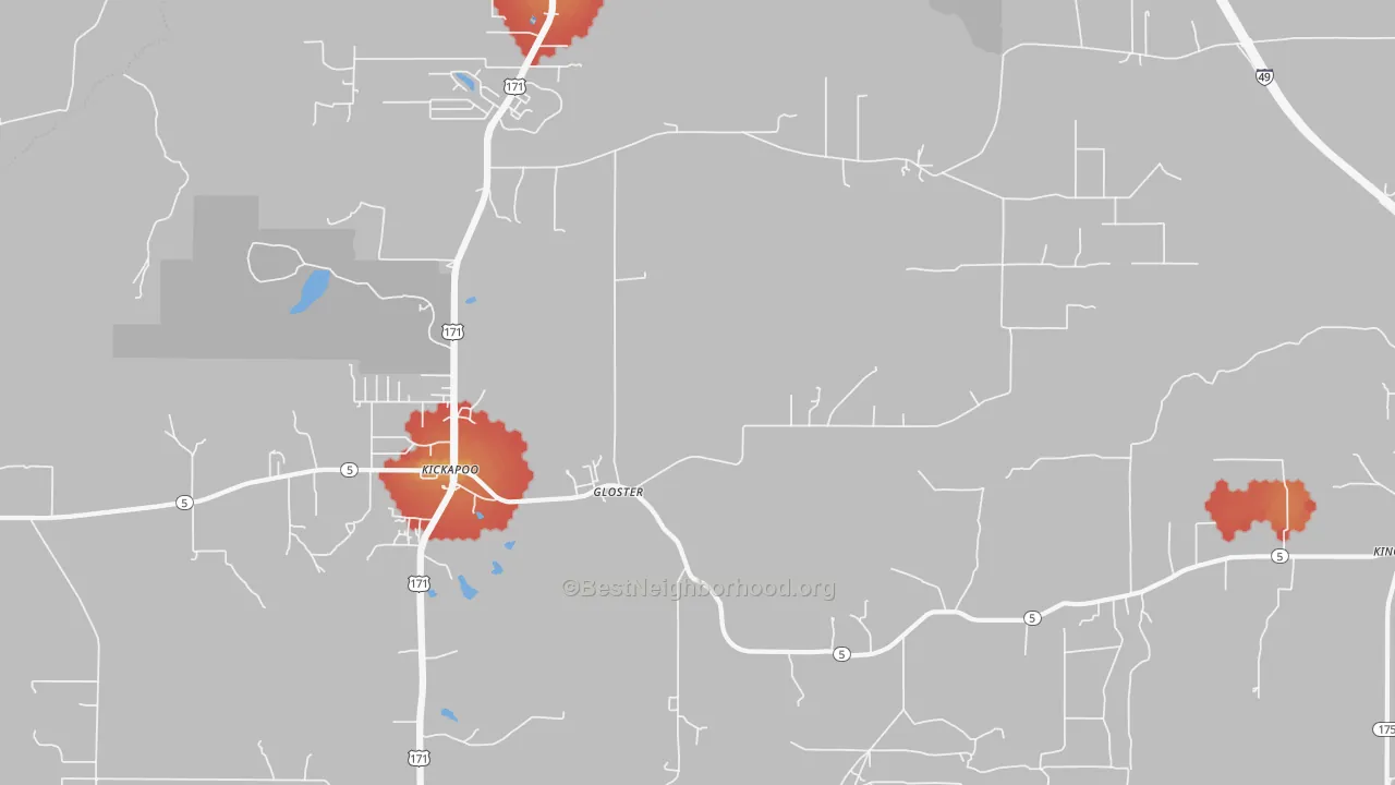 Walk Grade map of Gloster, LA, walkable areas in green and car-dependent areas in red