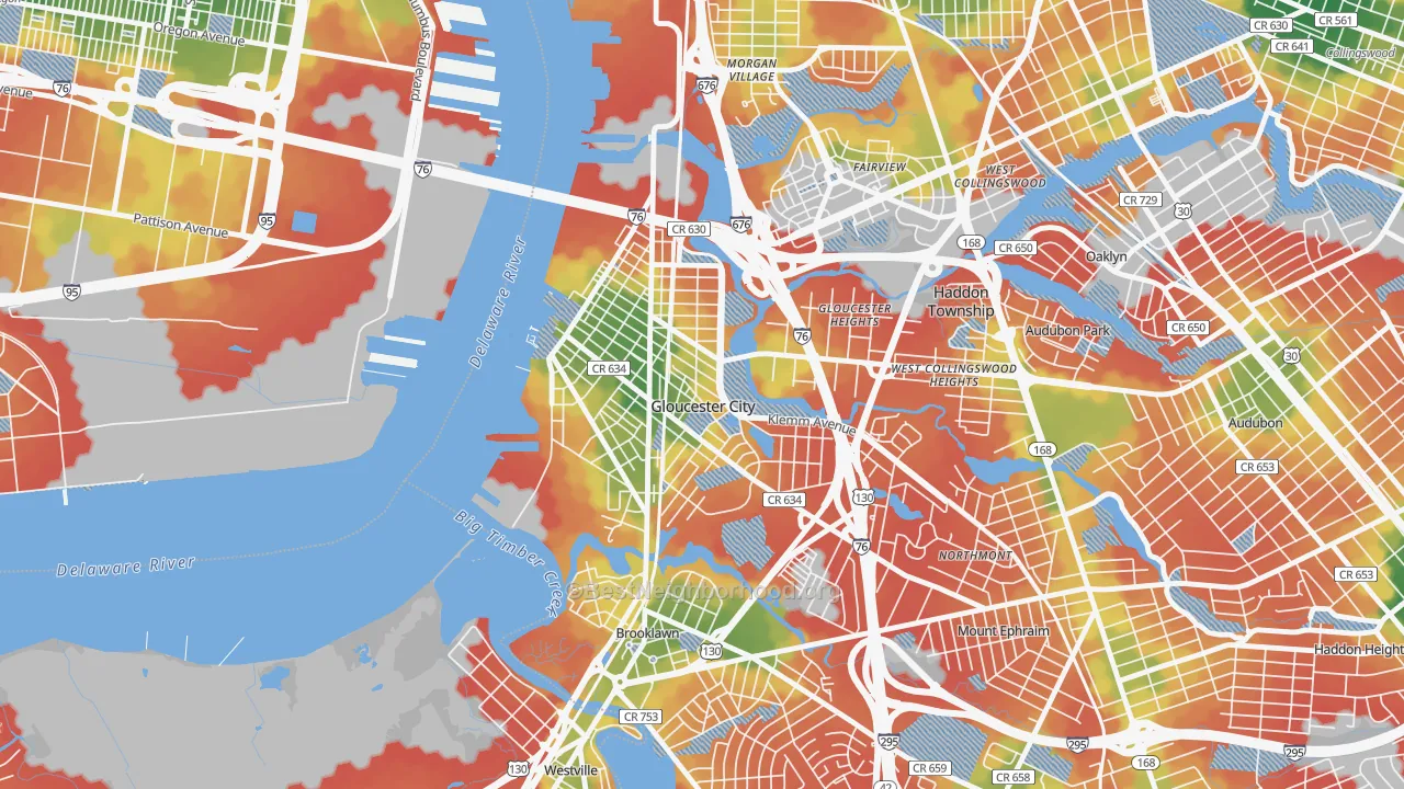 Walk Grade map of Gloucester City, NJ, walkable areas in green and car-dependent areas in red
