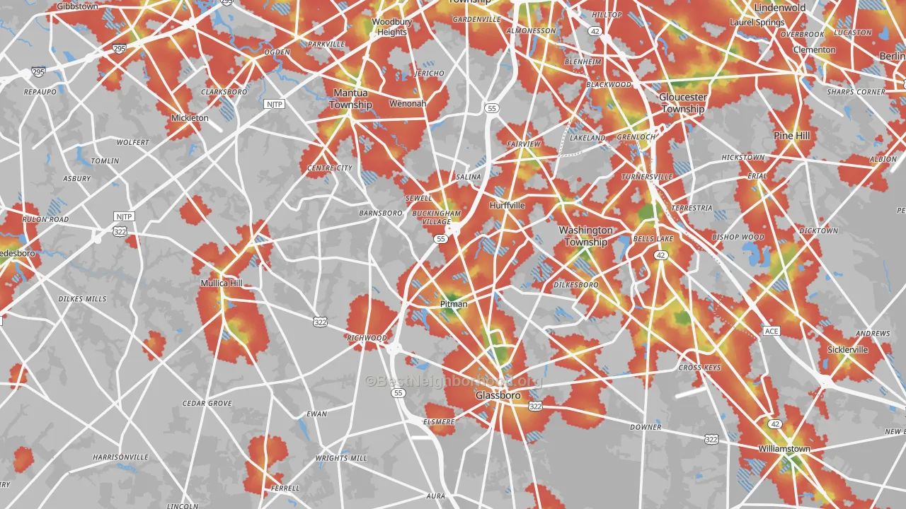 Walk Grade map of Gloucester County, NJ, walkable areas in green and car-dependent areas in red