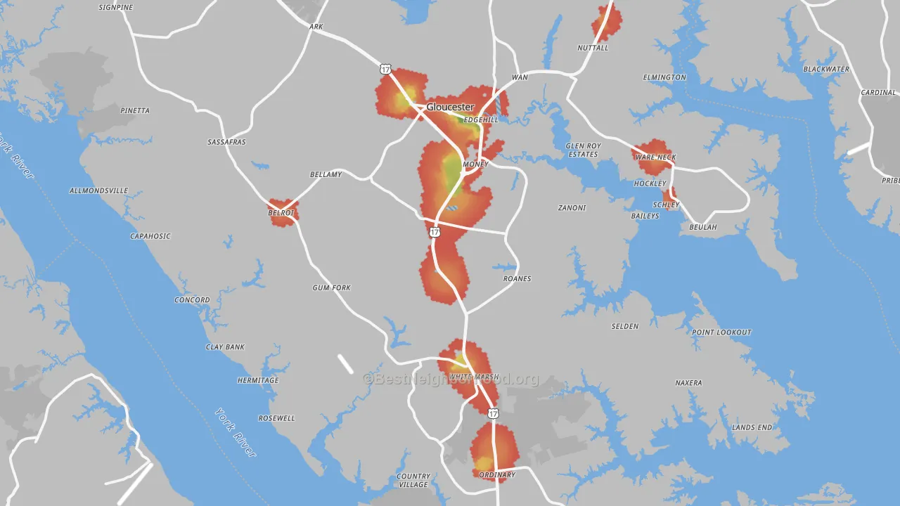Walk Grade map of Gloucester County, VA, walkable areas in green and car-dependent areas in red