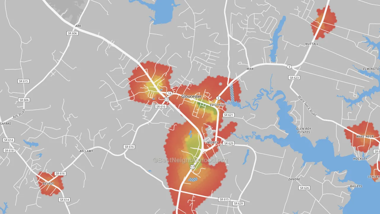 Walk Grade map of Gloucester Courthouse, VA, walkable areas in green and car-dependent areas in red