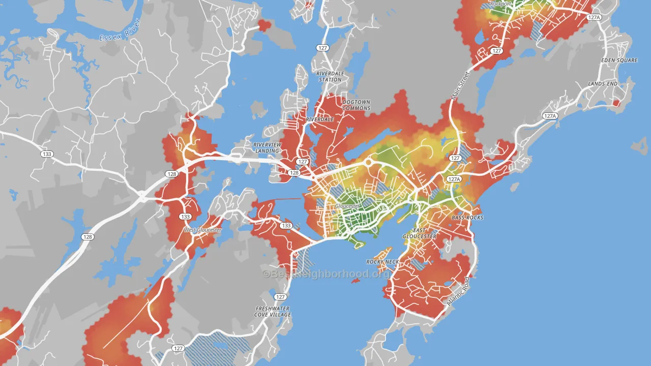 Walk Grade map of Gloucester, MA, walkable areas in green and car-dependent areas in red
