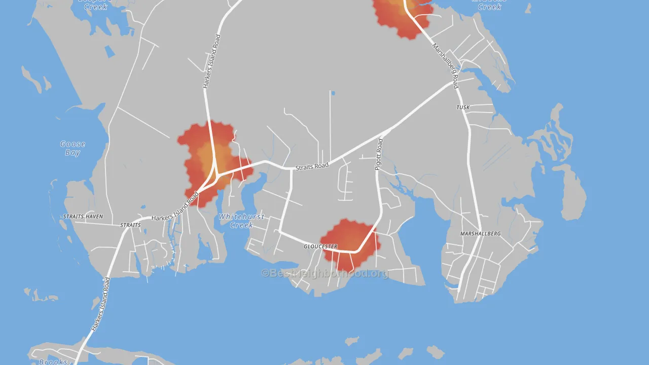 Walk Grade map of Gloucester, NC, walkable areas in green and car-dependent areas in red