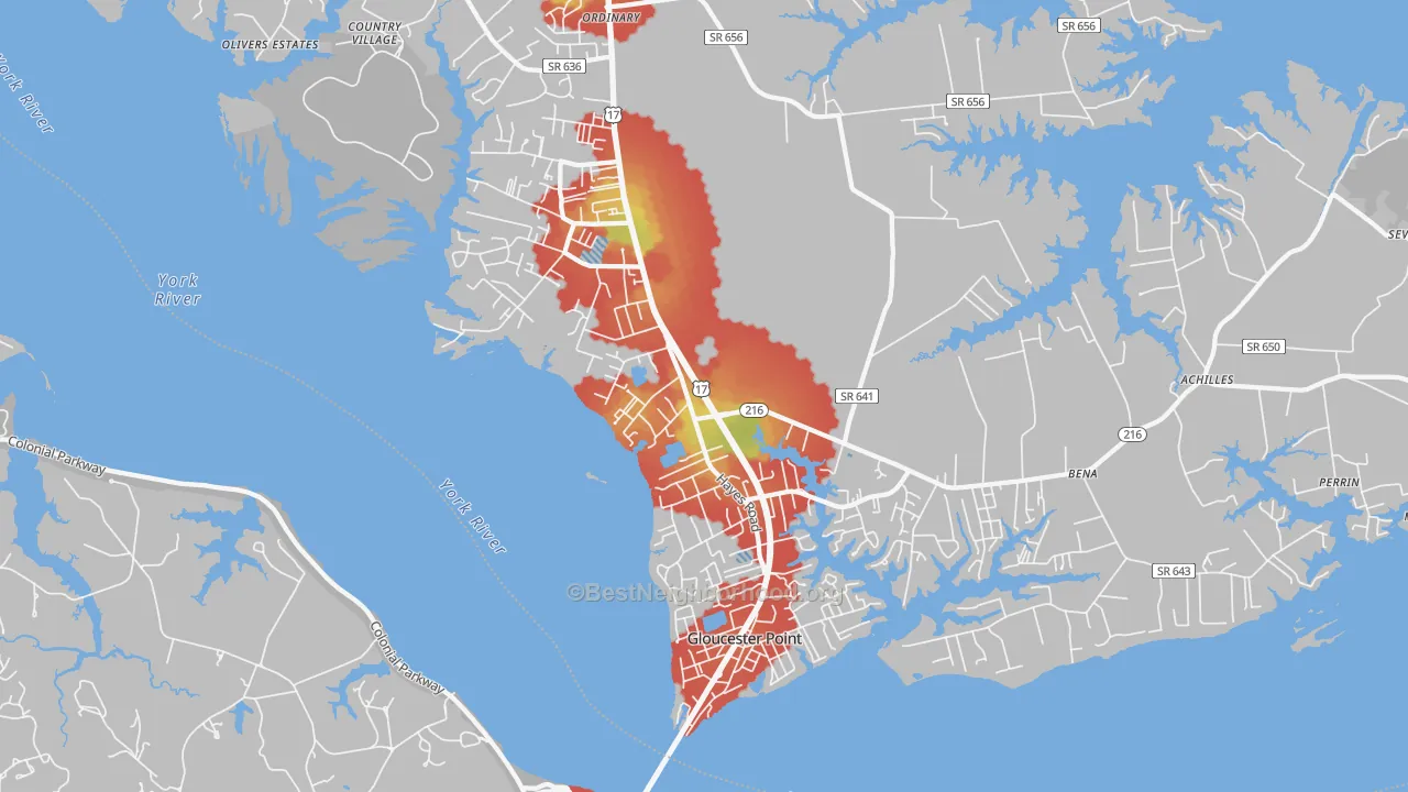 Walk Grade map of Gloucester Point, VA, walkable areas in green and car-dependent areas in red