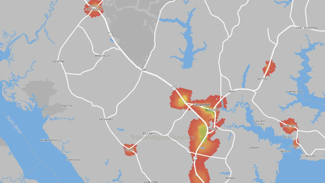 Walk Grade map of Gloucester, VA, walkable areas in green and car-dependent areas in red