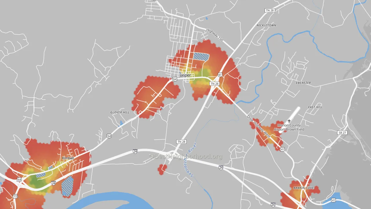 Walk Grade map of Glover Hill, TN, walkable areas in green and car-dependent areas in red