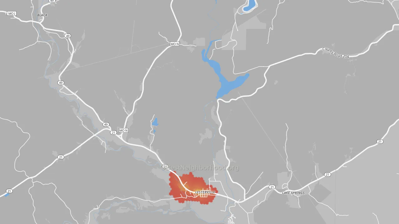 Walk Grade map of Glover, MO, walkable areas in green and car-dependent areas in red