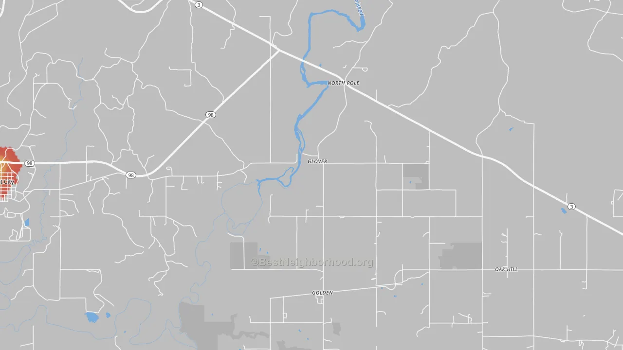 Walk Grade map of Glover, OK, walkable areas in green and car-dependent areas in red