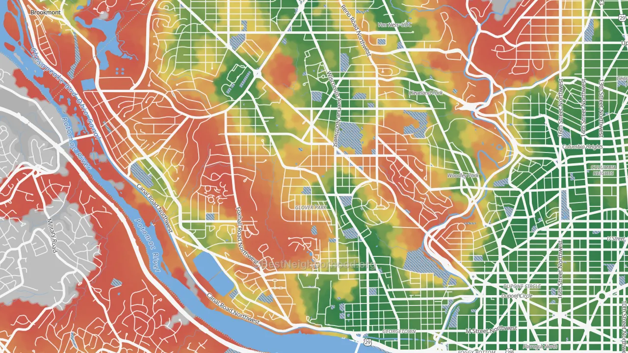 Walk Grade map of Glover Park, Washington, DC, walkable areas in green and car-dependent areas in red