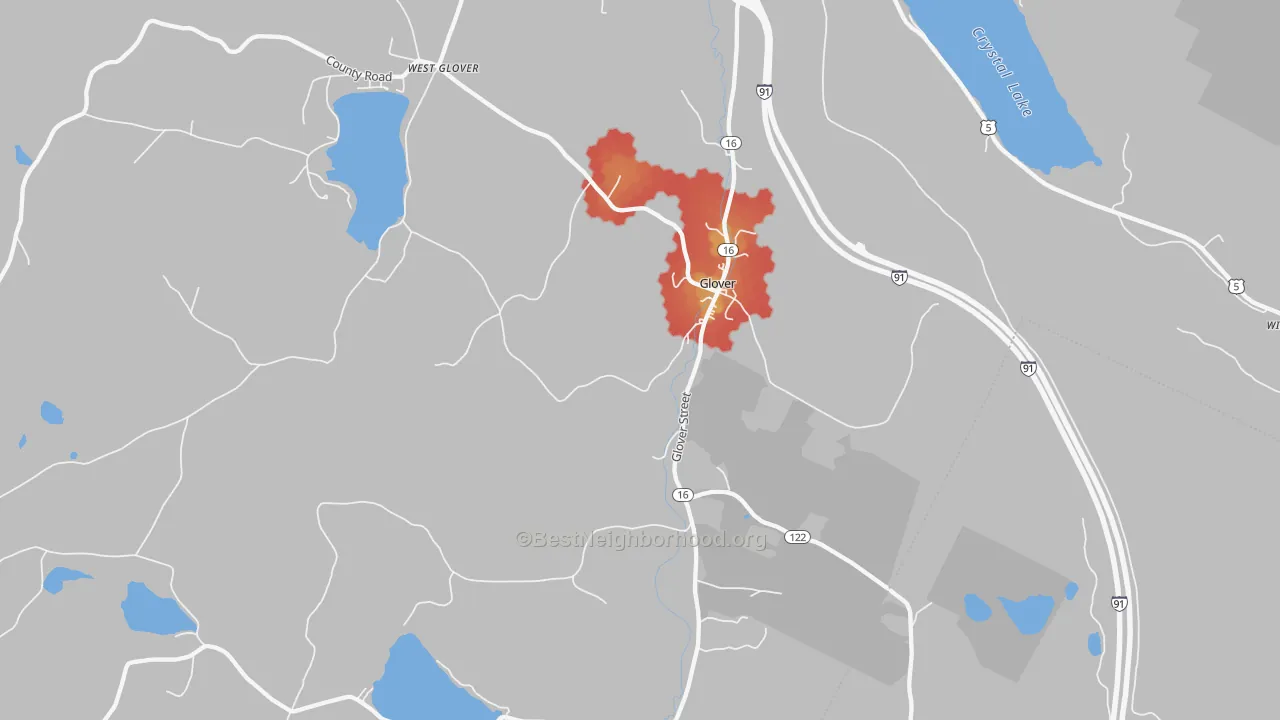 Walk Grade map of Glover, VT, walkable areas in green and car-dependent areas in red