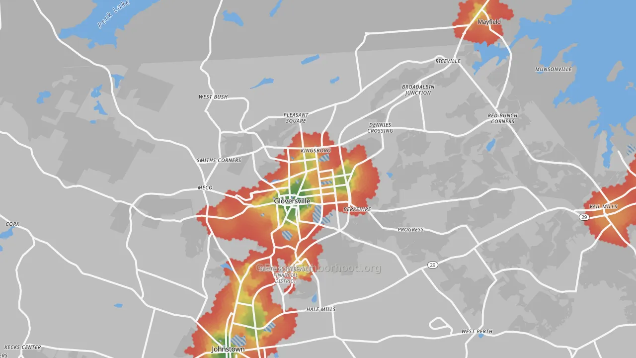 Walk Grade map of Gloversville, NY, walkable areas in green and car-dependent areas in red