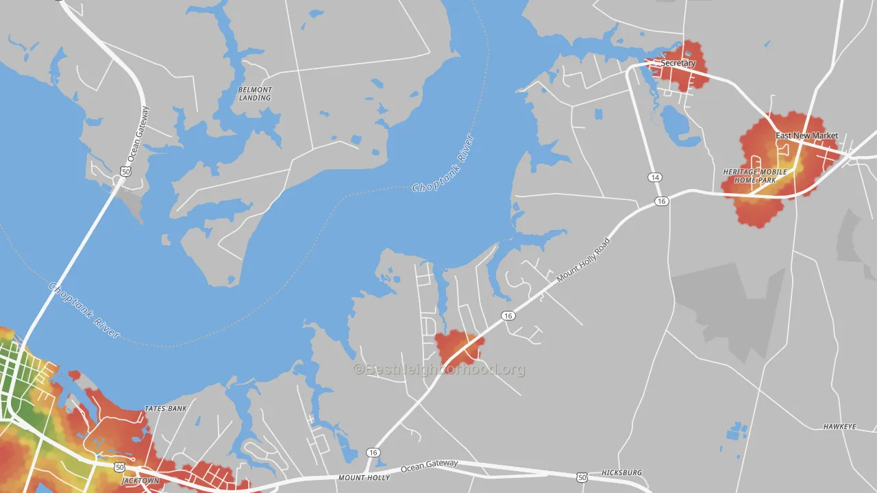 Walk Grade map of Gluckheim, MD, walkable areas in green and car-dependent areas in red