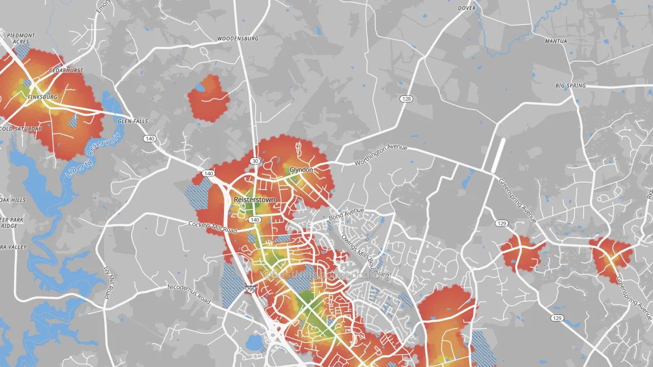 Walk Grade map of Glyndon, MD, walkable areas in green and car-dependent areas in red