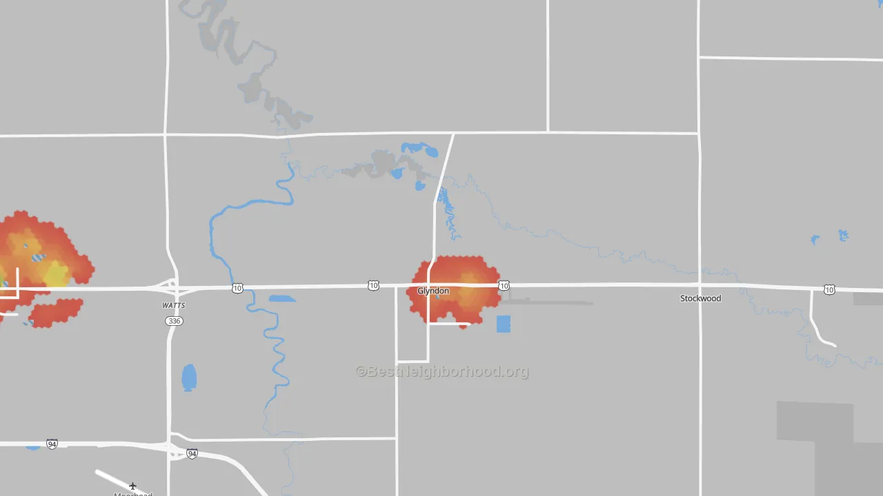 Walk Grade map of Glyndon, MN, walkable areas in green and car-dependent areas in red