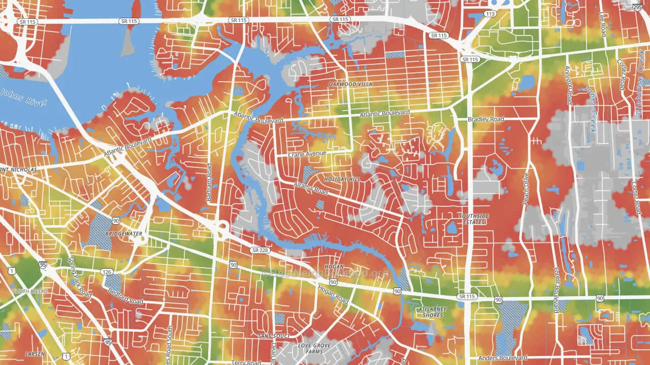 Walk Grade map of Glynlea-Grove Park, Jacksonville, FL, walkable areas in green and car-dependent areas in red