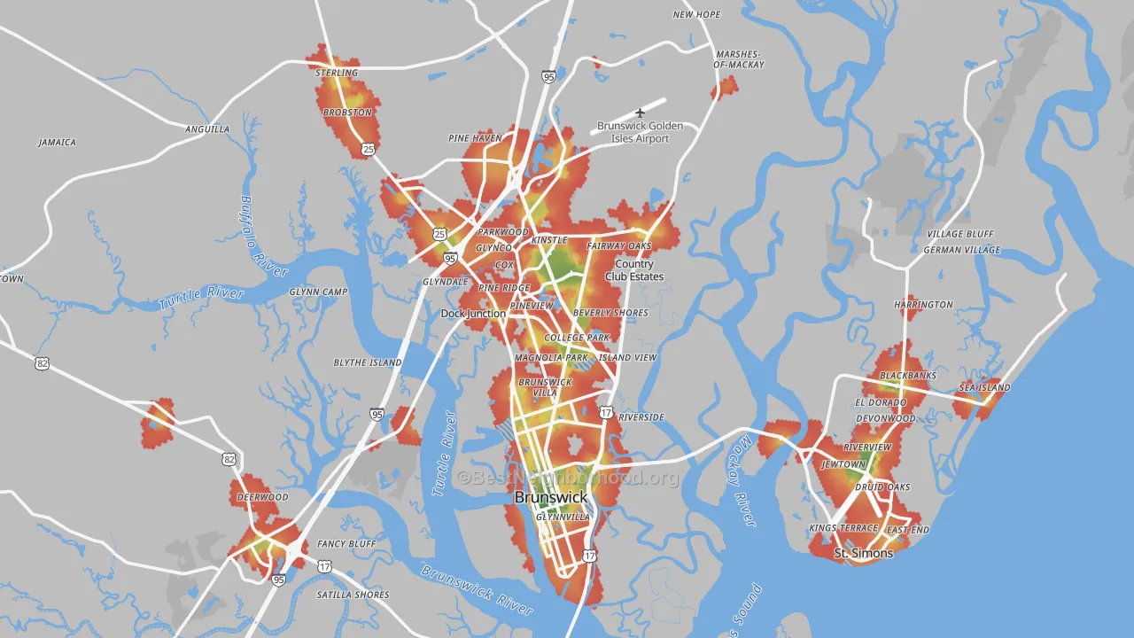 Walk Grade map of Glynn County, GA, walkable areas in green and car-dependent areas in red