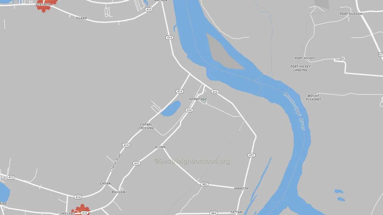 Walk Grade map of Glynn, LA, walkable areas in green and car-dependent areas in red