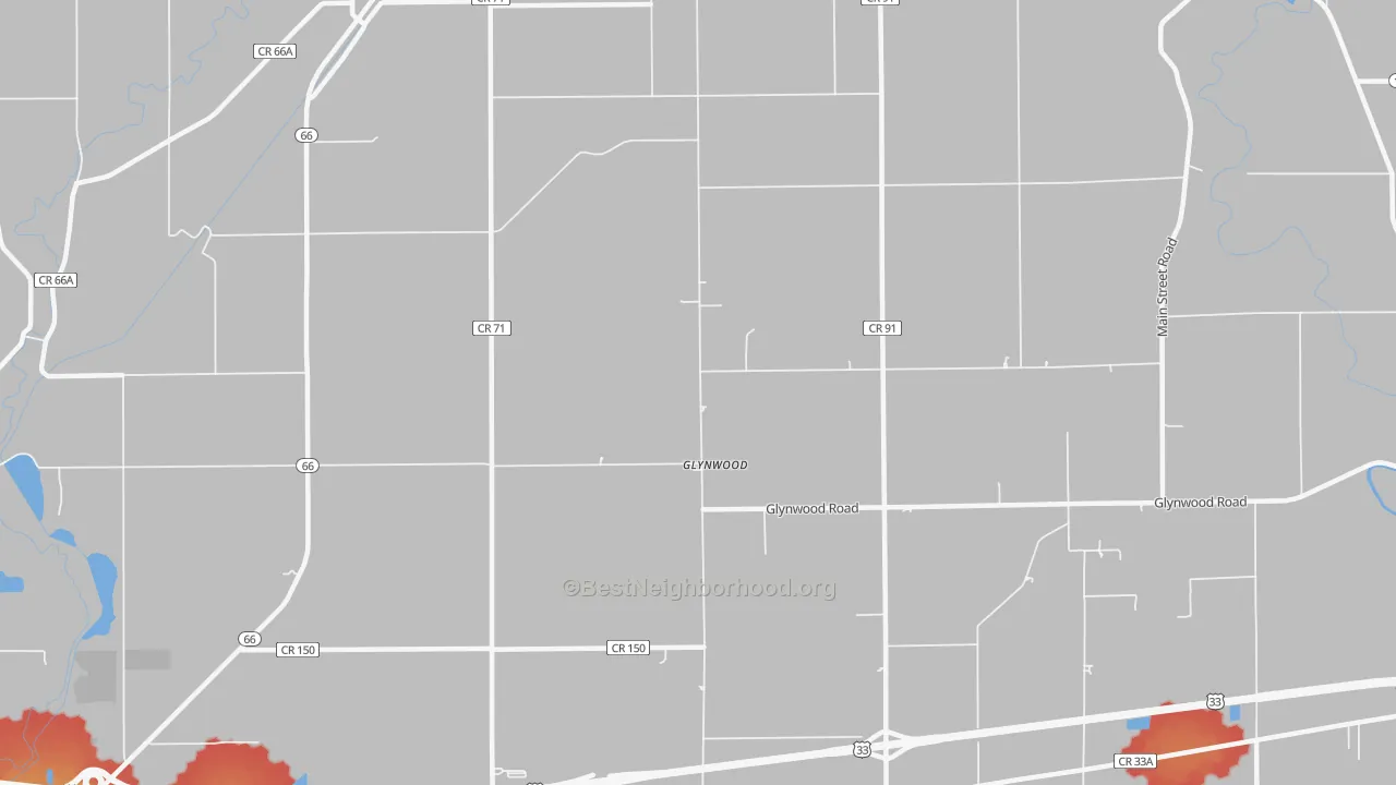 Walk Grade map of Glynwood, OH, walkable areas in green and car-dependent areas in red