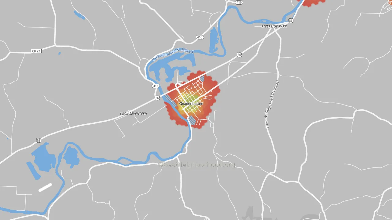 Walk Grade map of Gnadenhutten, OH, walkable areas in green and car-dependent areas in red