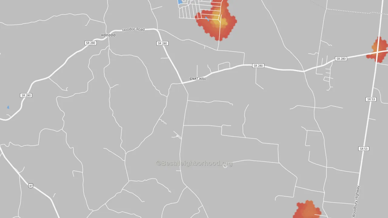 Walk Grade map of Gnat Hill, TN, walkable areas in green and car-dependent areas in red