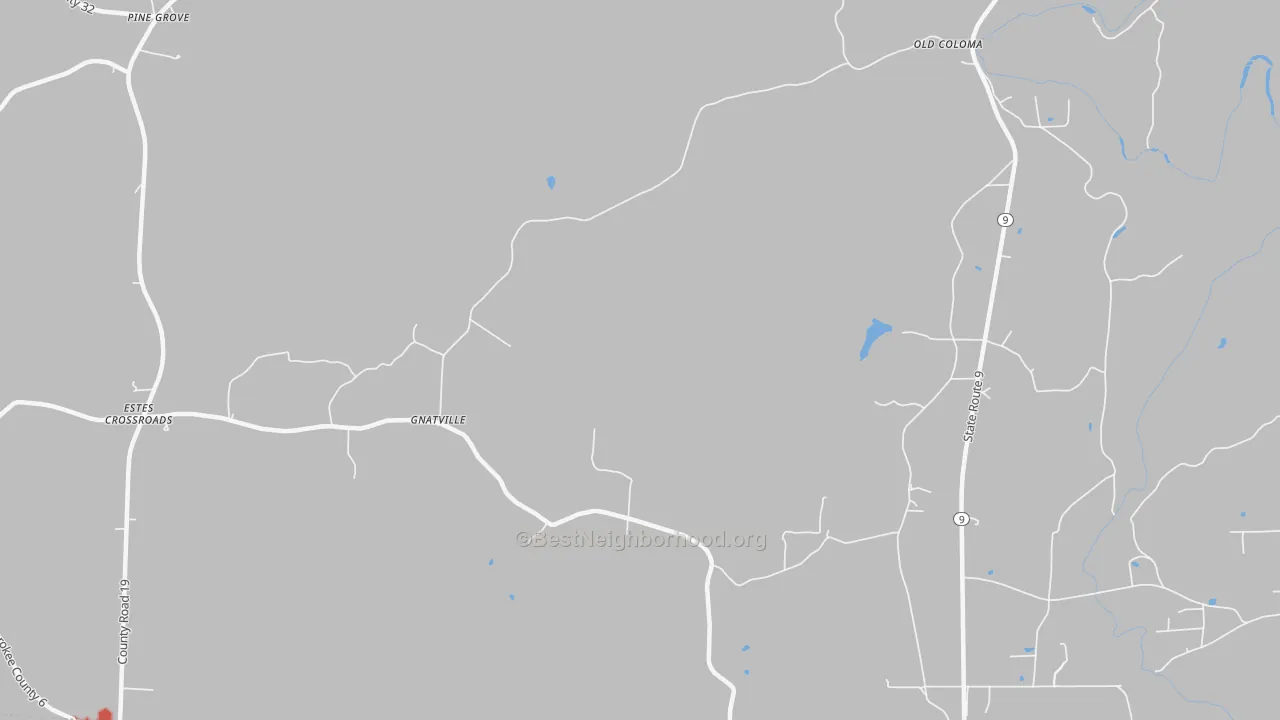 Walk Grade map of Gnatville, AL, walkable areas in green and car-dependent areas in red