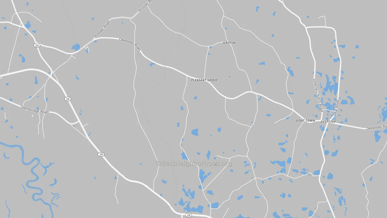 Walk Grade map of Goat Town, GA, walkable areas in green and car-dependent areas in red
