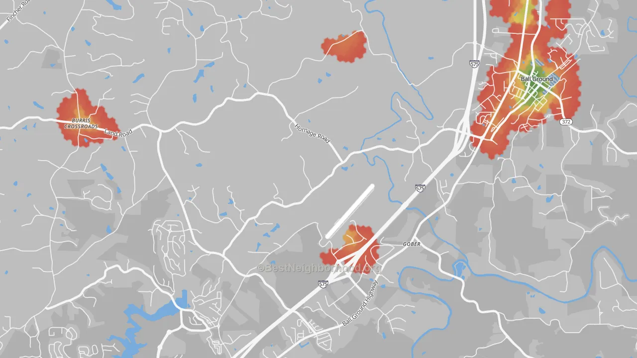 Walk Grade map of Gober, GA, walkable areas in green and car-dependent areas in red