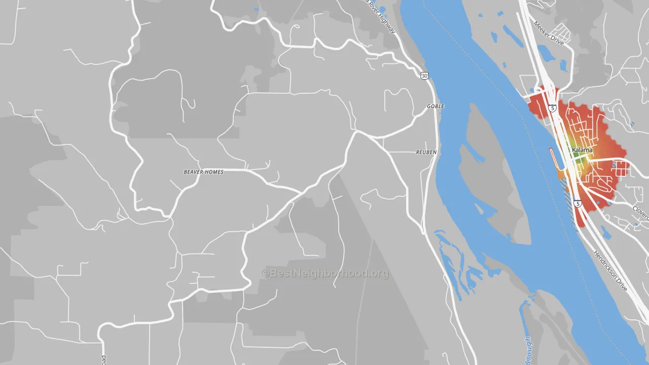 Walk Grade map of Goble, OR, walkable areas in green and car-dependent areas in red