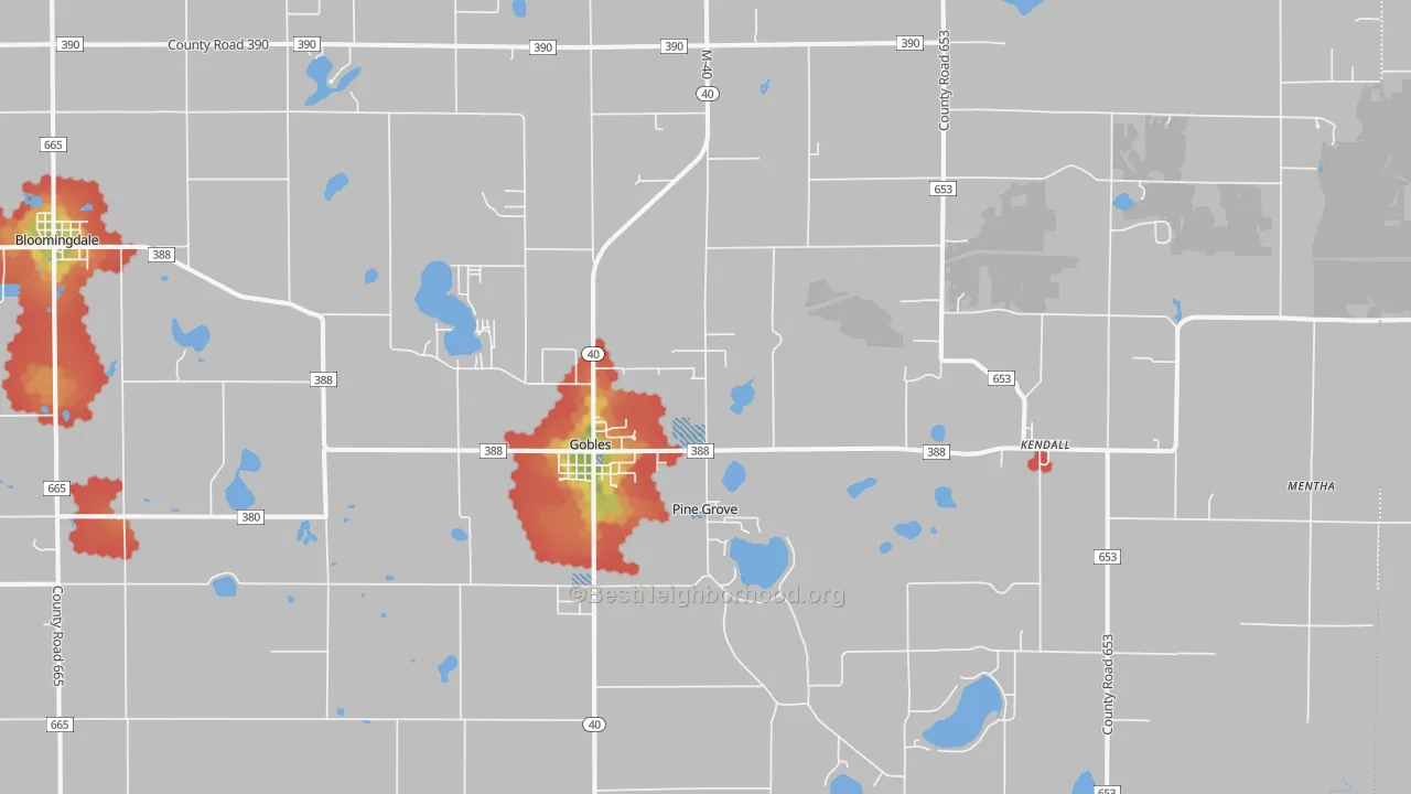 Walk Grade map of Gobles, MI, walkable areas in green and car-dependent areas in red