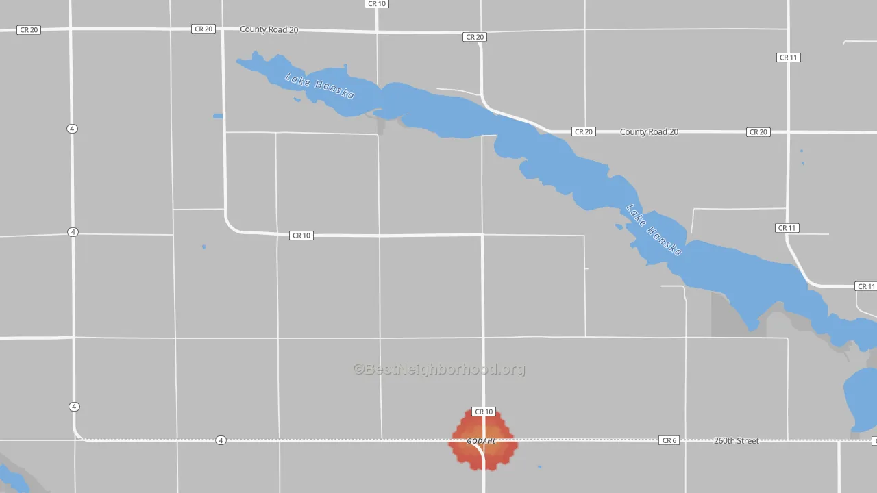 Walk Grade map of Godahl, MN, walkable areas in green and car-dependent areas in red