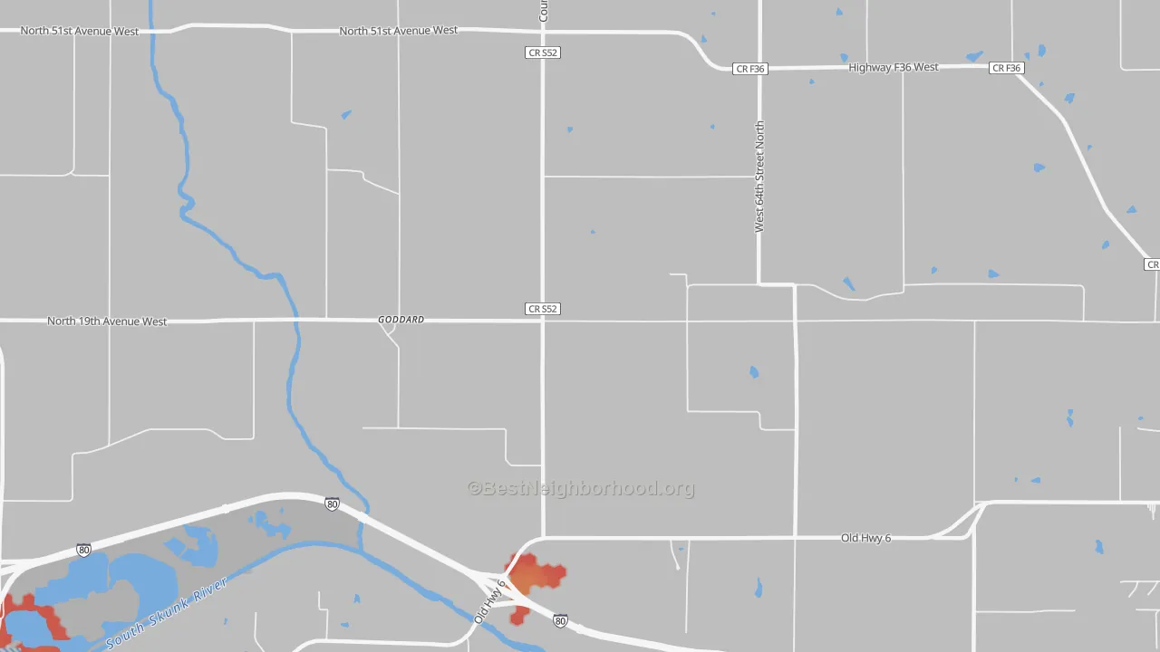 Walk Grade map of Goddard, IA, walkable areas in green and car-dependent areas in red