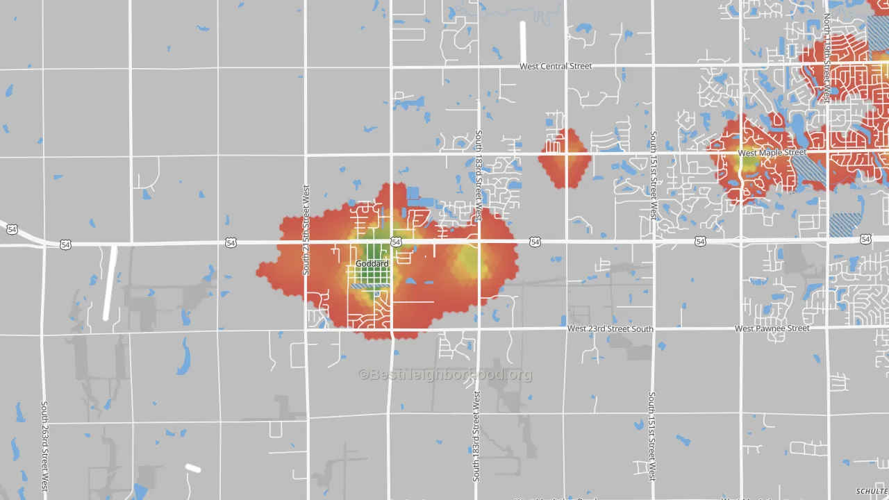 Walk Grade map of Goddard, KS, walkable areas in green and car-dependent areas in red