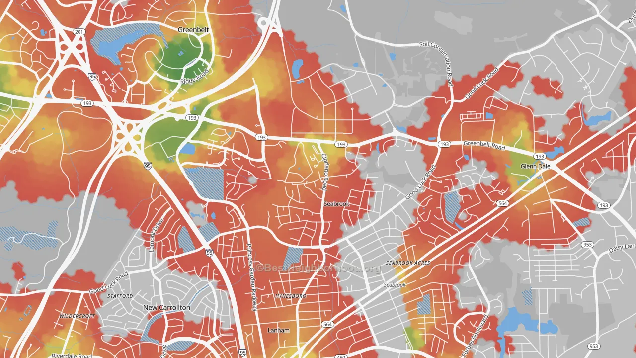 Walk Grade map of Goddard, Seabrook, MD, walkable areas in green and car-dependent areas in red