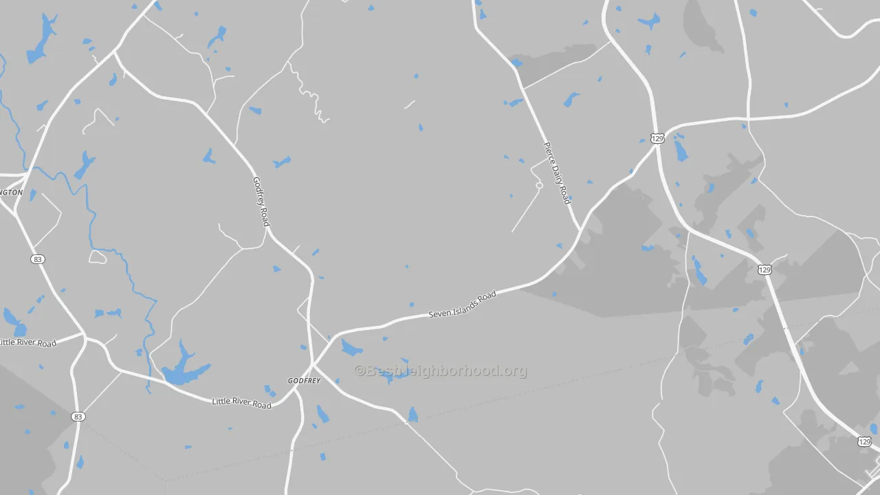 Walk Grade map of Godfrey, GA, walkable areas in green and car-dependent areas in red