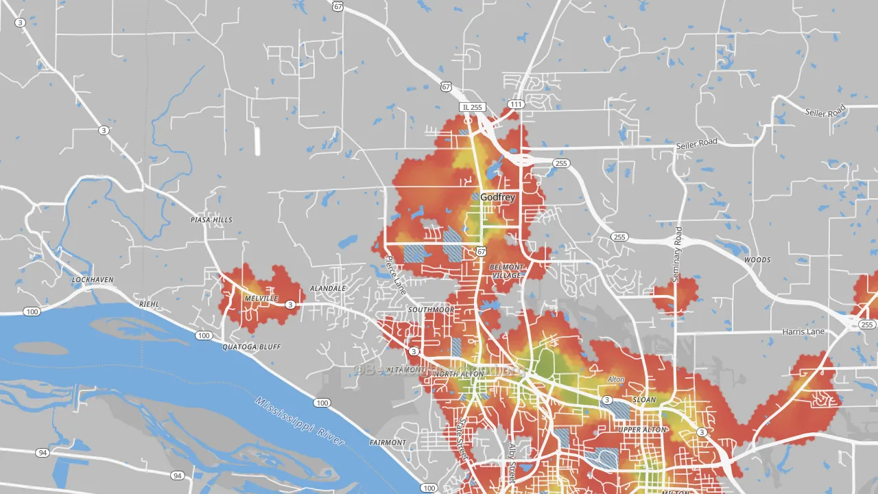 Walk Grade map of Godfrey, IL, walkable areas in green and car-dependent areas in red
