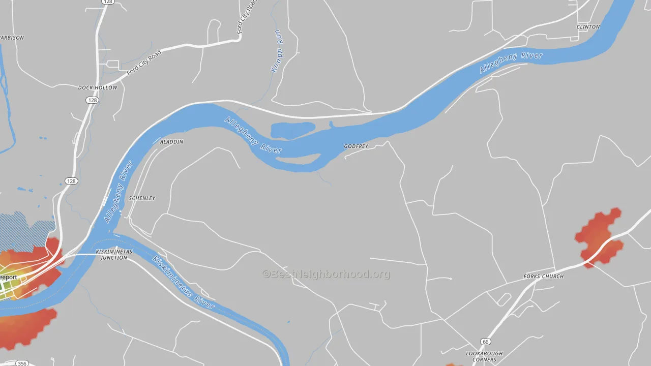 Walk Grade map of Godfrey, PA, walkable areas in green and car-dependent areas in red