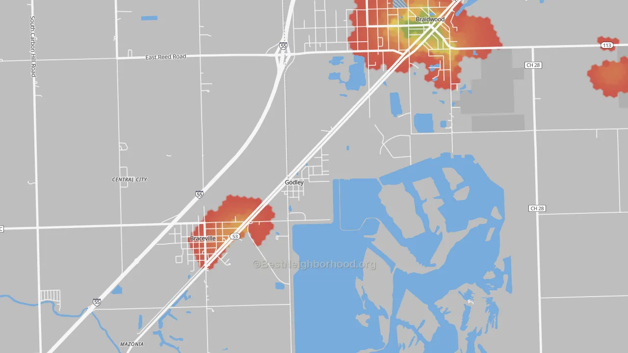 Walk Grade map of Godley, IL, walkable areas in green and car-dependent areas in red