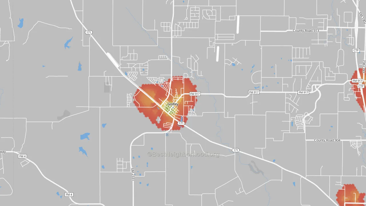 Walk Grade map of Godley, TX, walkable areas in green and car-dependent areas in red