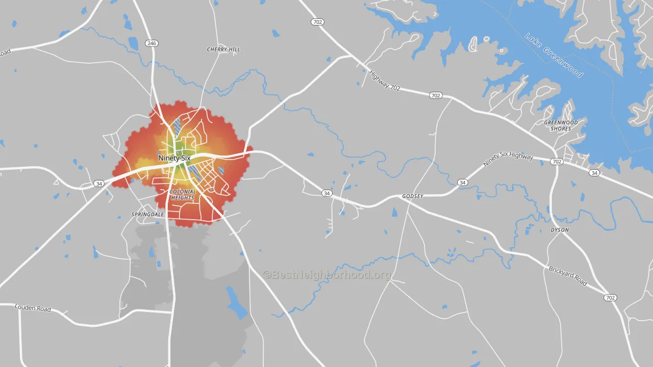 Walk Grade map of Godsey, SC, walkable areas in green and car-dependent areas in red