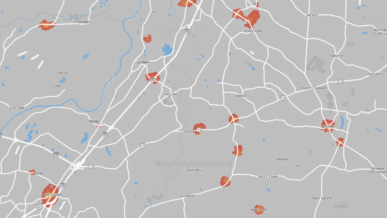 Walk Grade map of Godwin, NC, walkable areas in green and car-dependent areas in red
