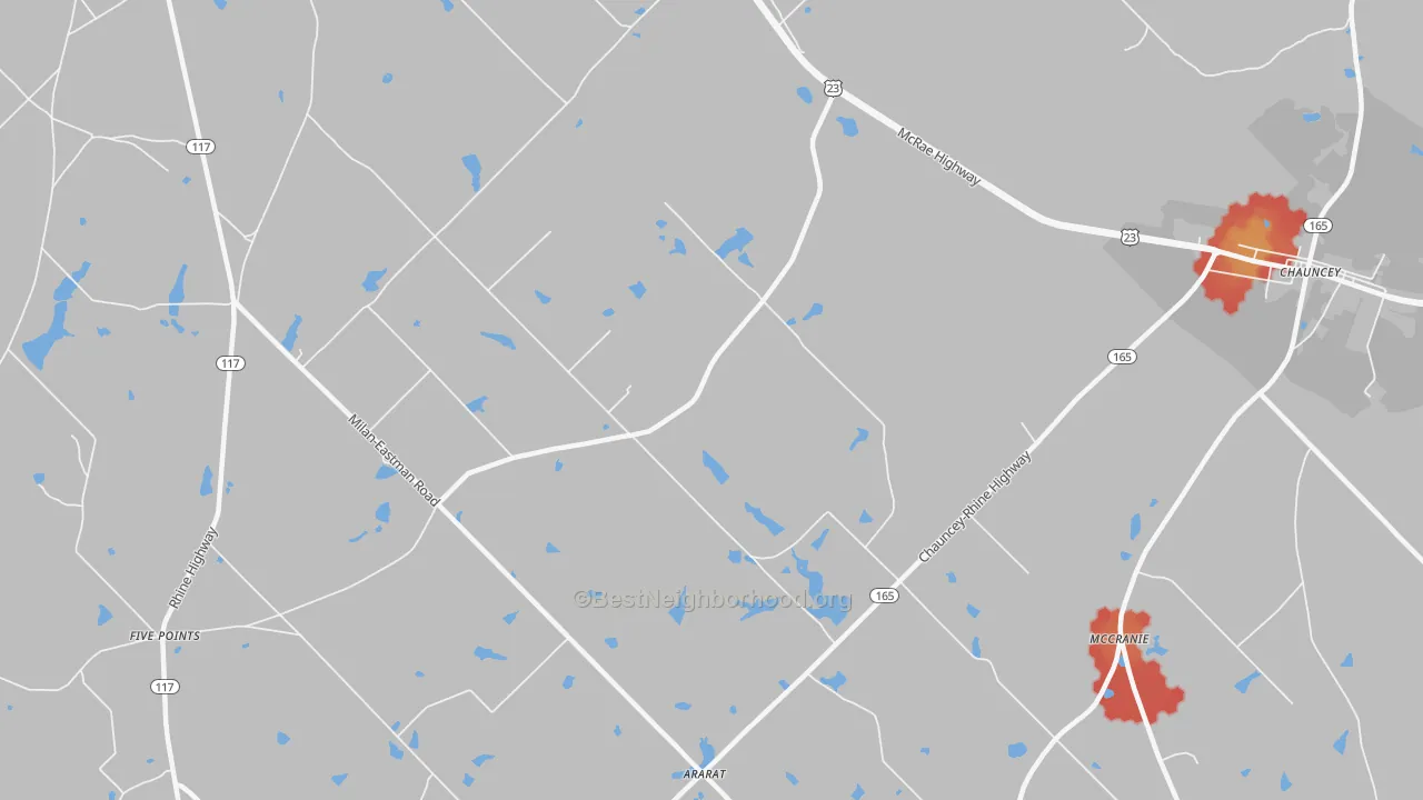 Walk Grade map of Godwinsville, GA, walkable areas in green and car-dependent areas in red